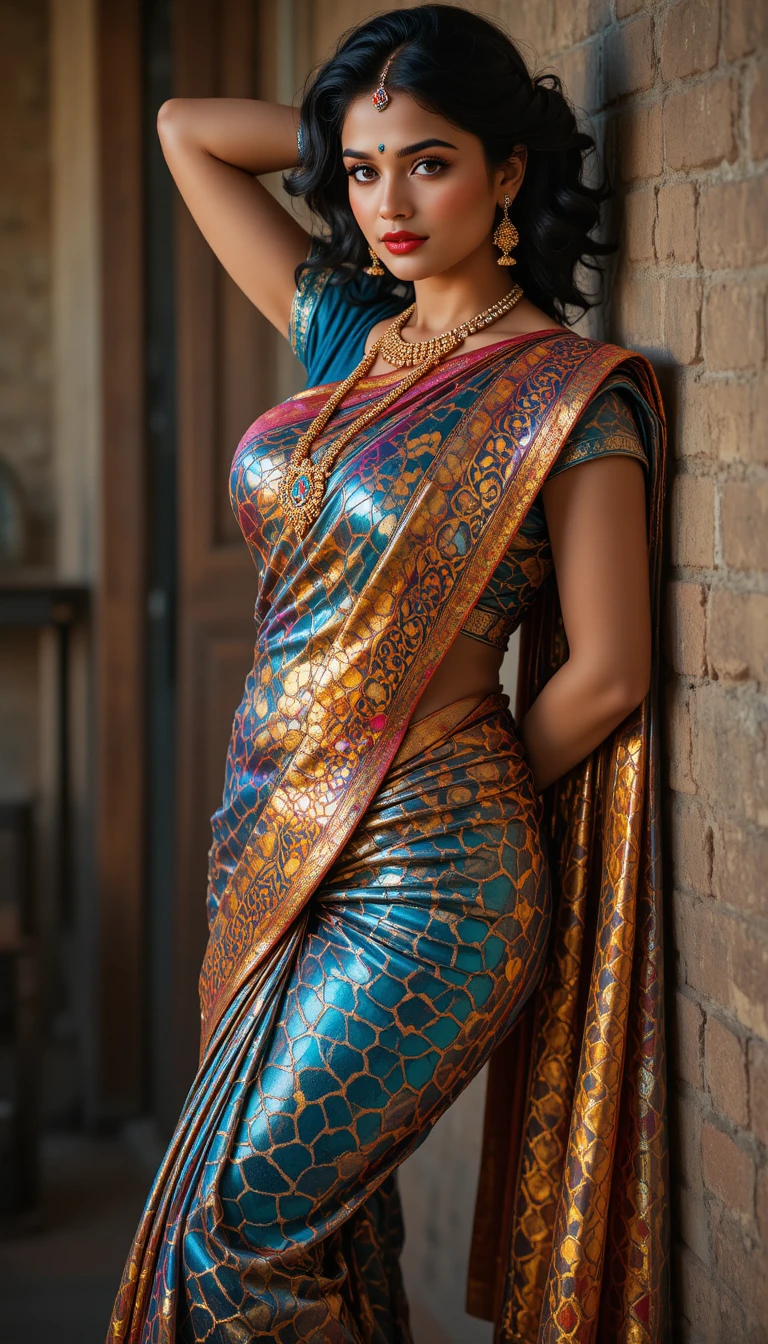 Indian woman in glossy saree posing with arched hip