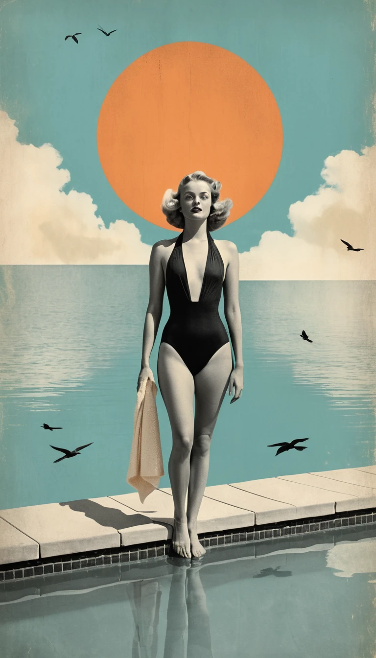 Surreal vintage woman in seaside pool under radiant sun
