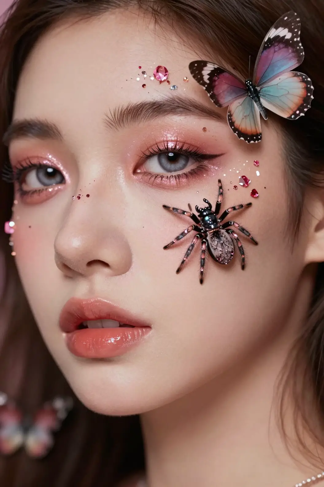 Extreme close up portrait of woman with jeweled spiders