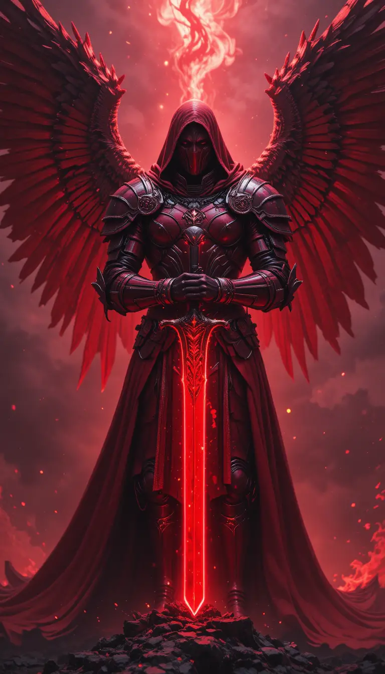 Armored red archangel with glowing sword in flames