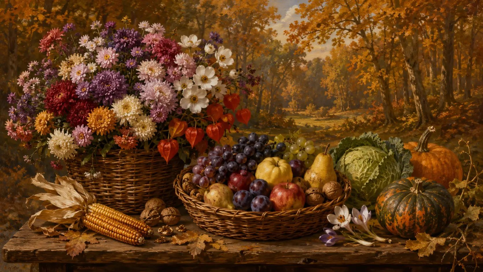 Renaissance style still life with flowers and harvest bounty