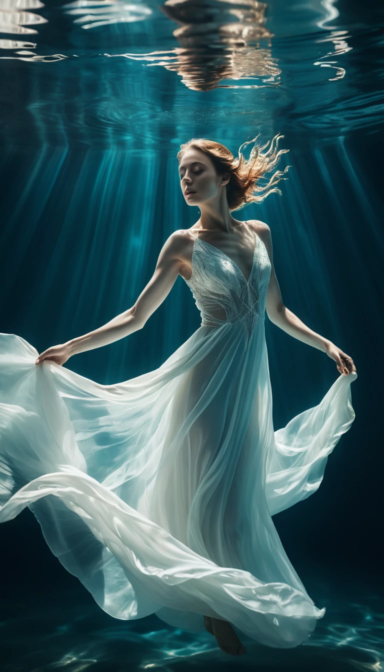Graceful woman floating underwater in flowing silk gown