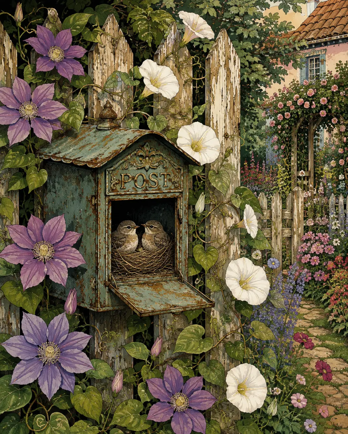 Whimsical mailbox by an old fence in a blooming garden