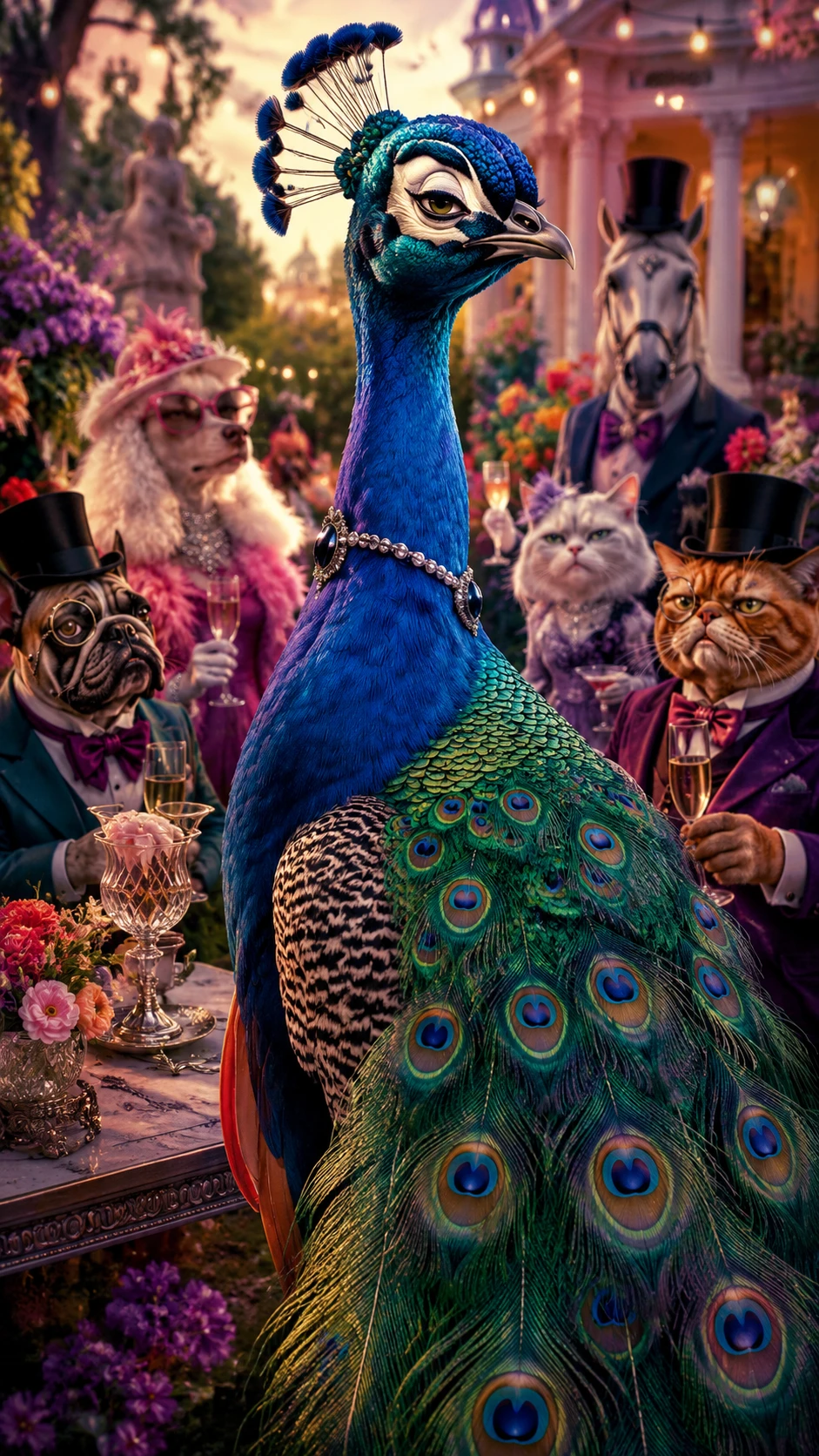 Proud peacock judging guests at a colorful garden party