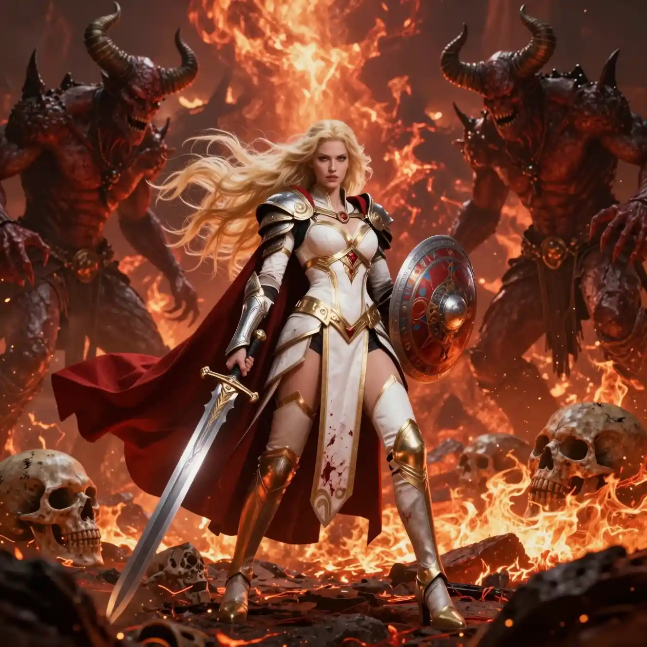 Blonde female warrior facing demons in a fiery hellscape