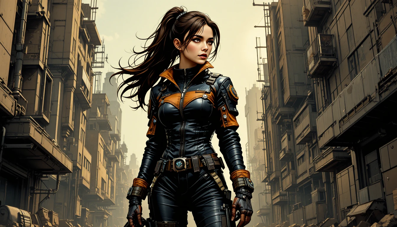 Cynical space warrior woman in a futuristic urban alley