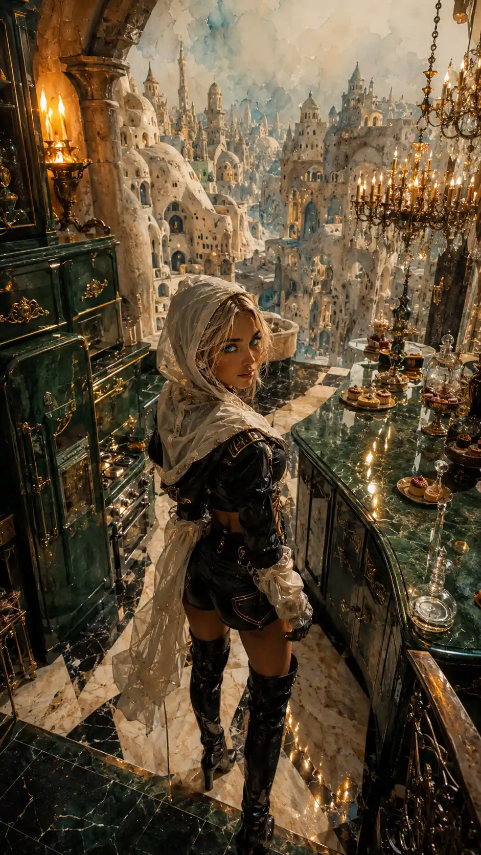 Elegant woman overlooking a surreal luxury castle kitchen