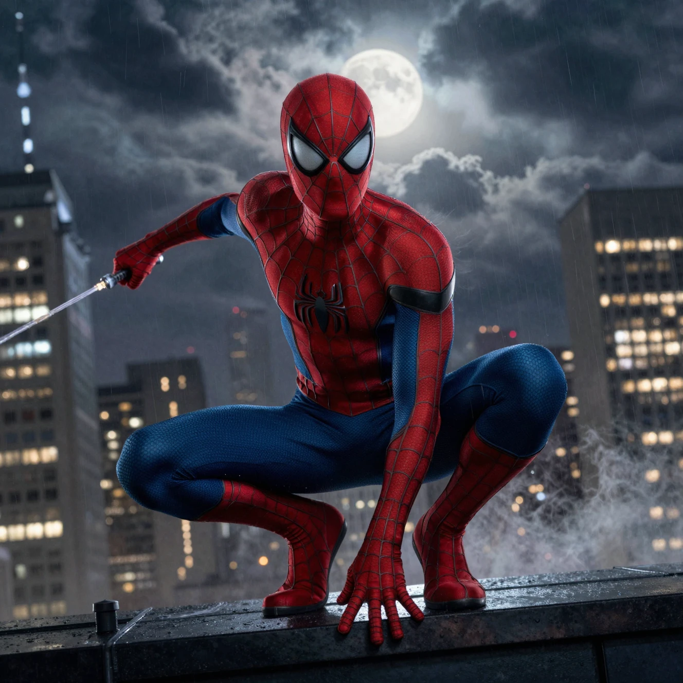 Superhero crouching on skyscraper roof above glowing city