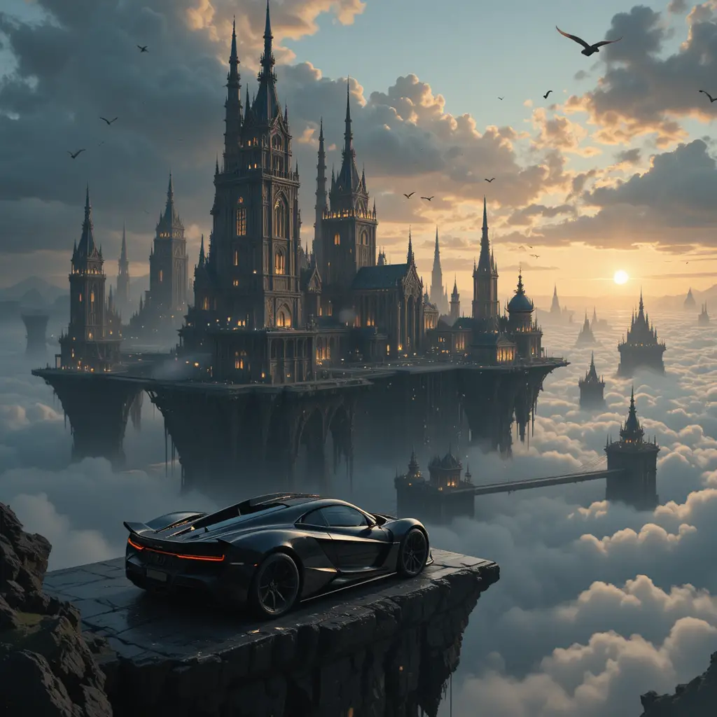 Colossal floating fantasy city above a sea of clouds