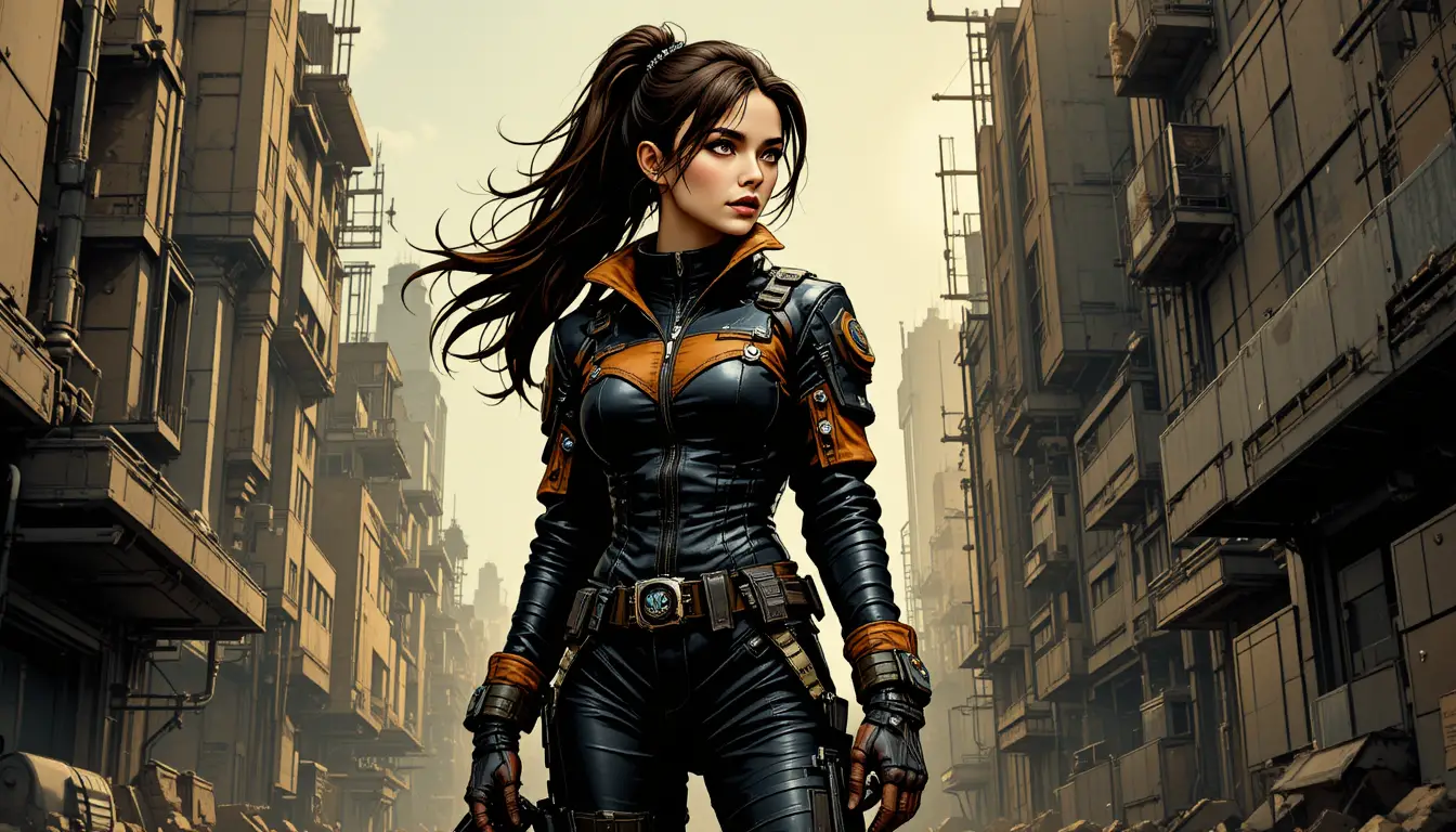 Cynical space warrior woman in a futuristic urban alley