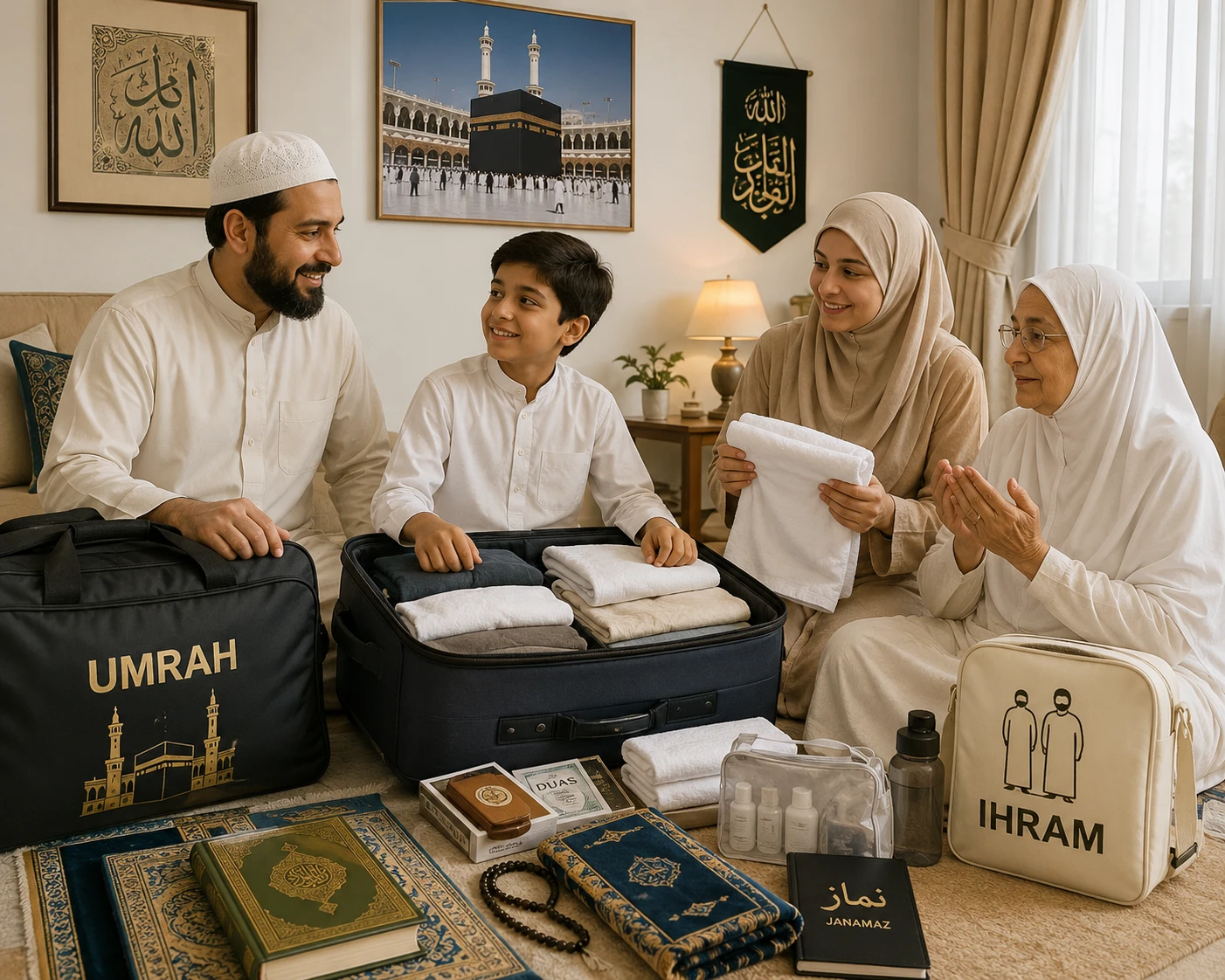 Muslim family preparing together for upcoming Umrah journey at home