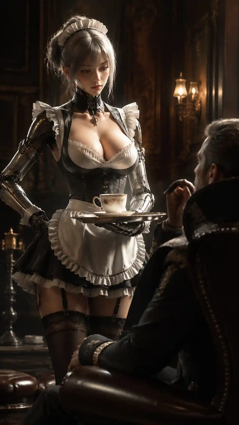 Humanoid robot maid serving tea in a dim salon