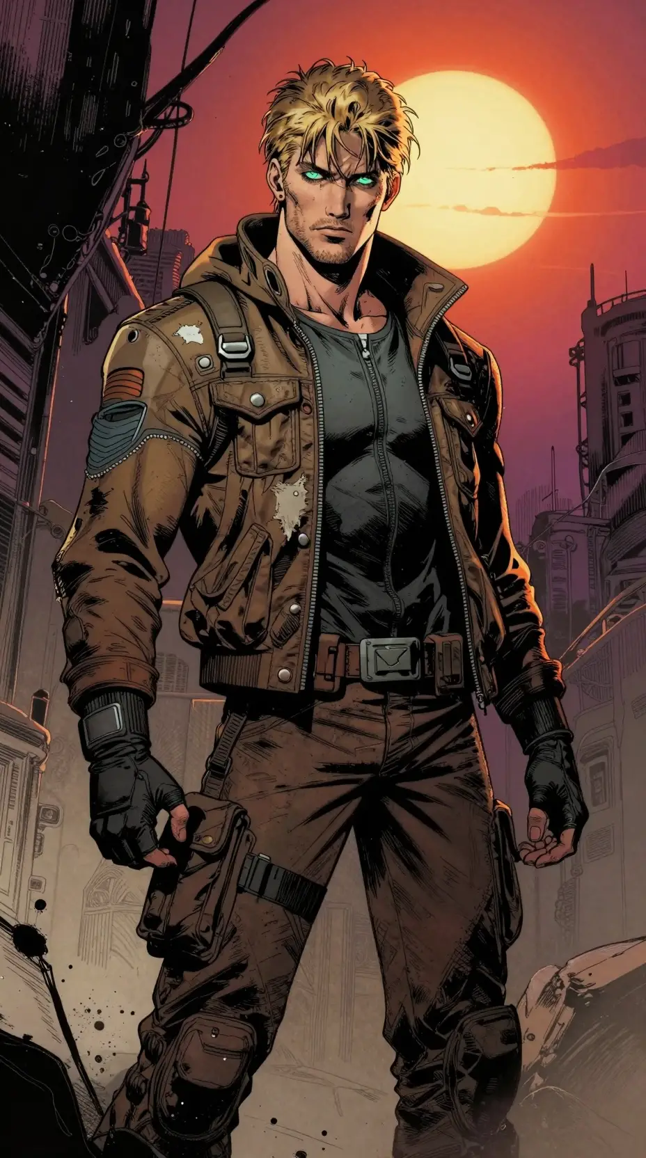 Scarred space rogue standing in a futuristic urban alley