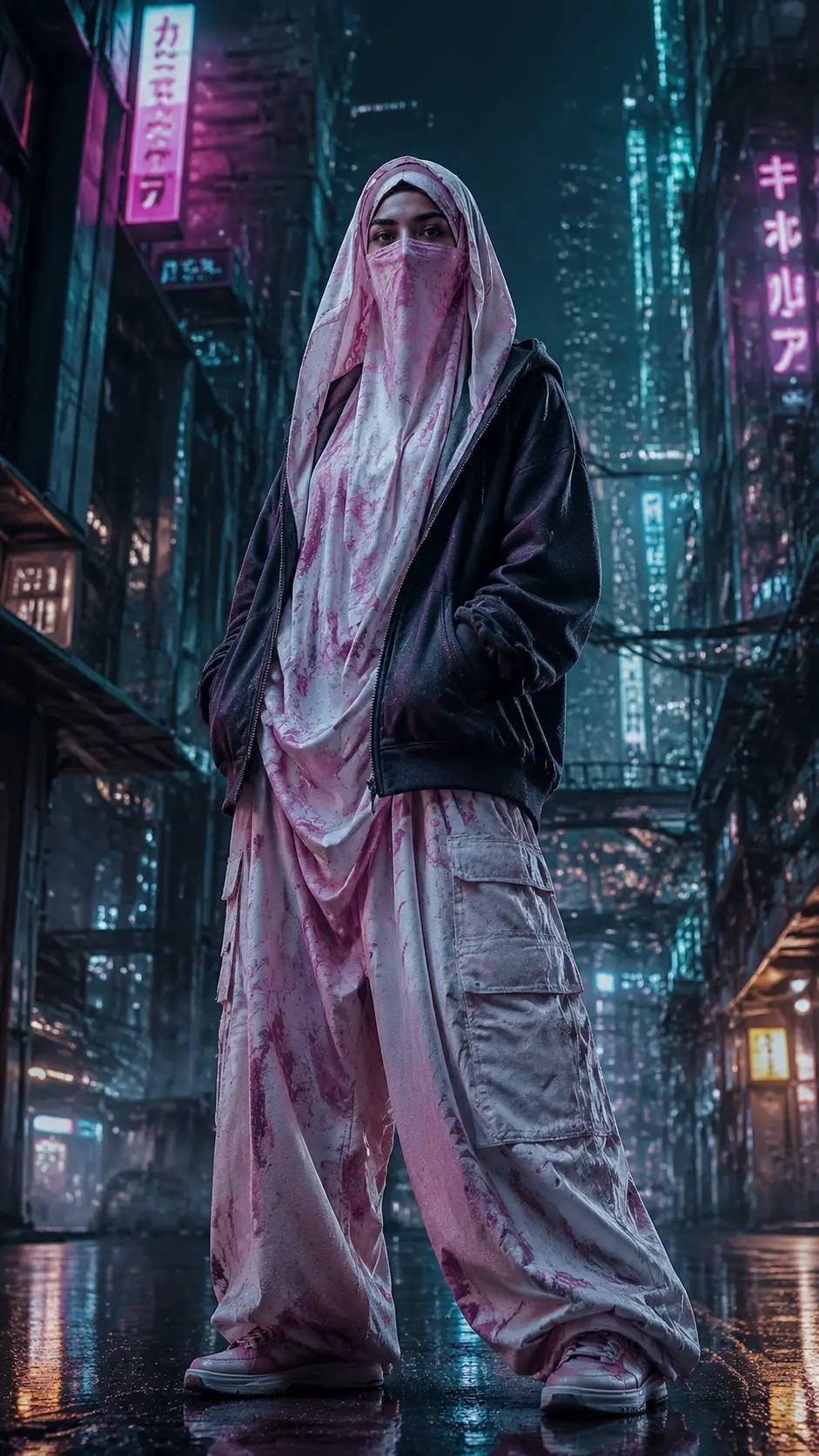Niqaabi woman in hoodie on cyberpunk city street