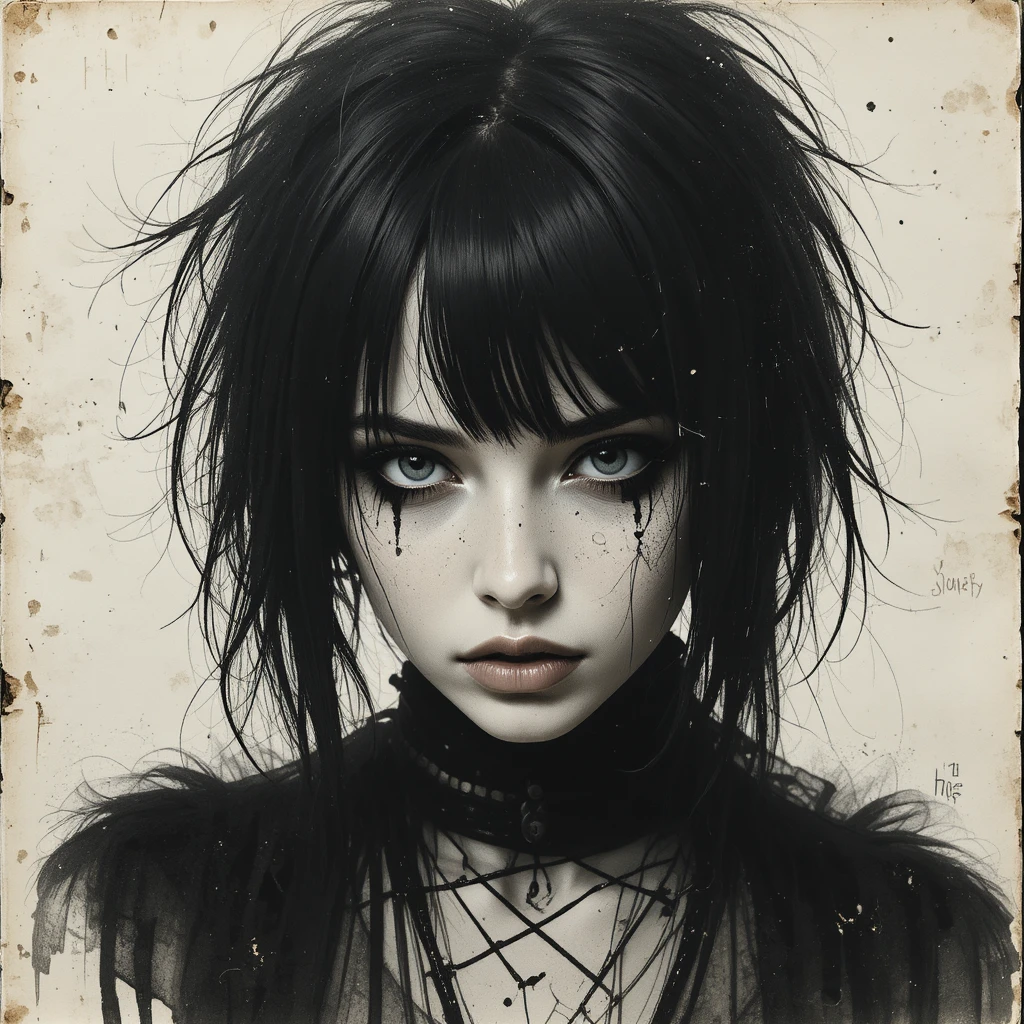 Goth punk girl portrait with worn paper textures