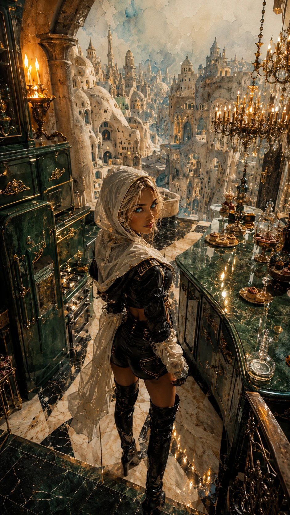 Elegant woman overlooking a surreal luxury castle kitchen