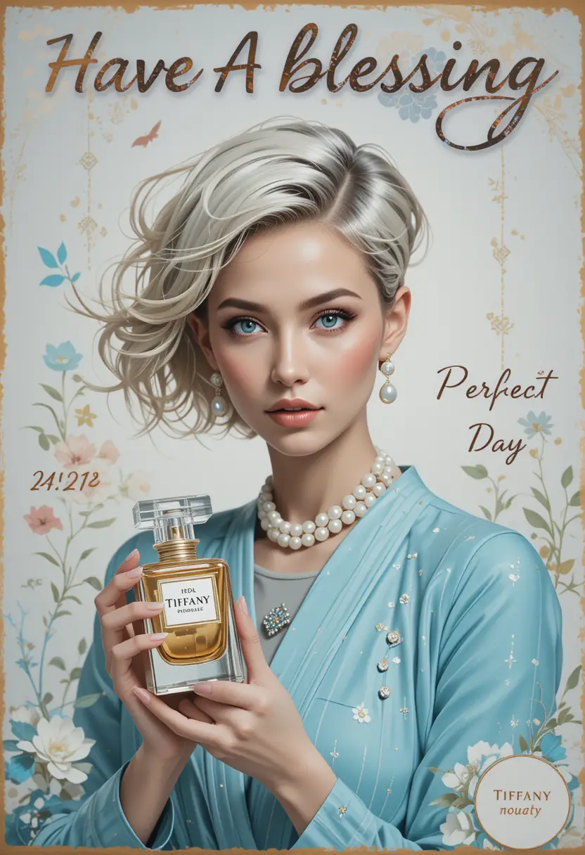Stylish woman in blue holding a Tiffany perfume bottle