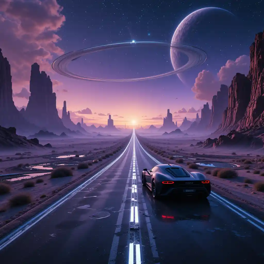 Futuristic Car On Alien Highway Under Vast Cosmic Sky
