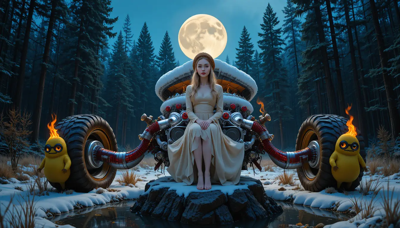 Young woman with pear creatures in a snowy forest clearing