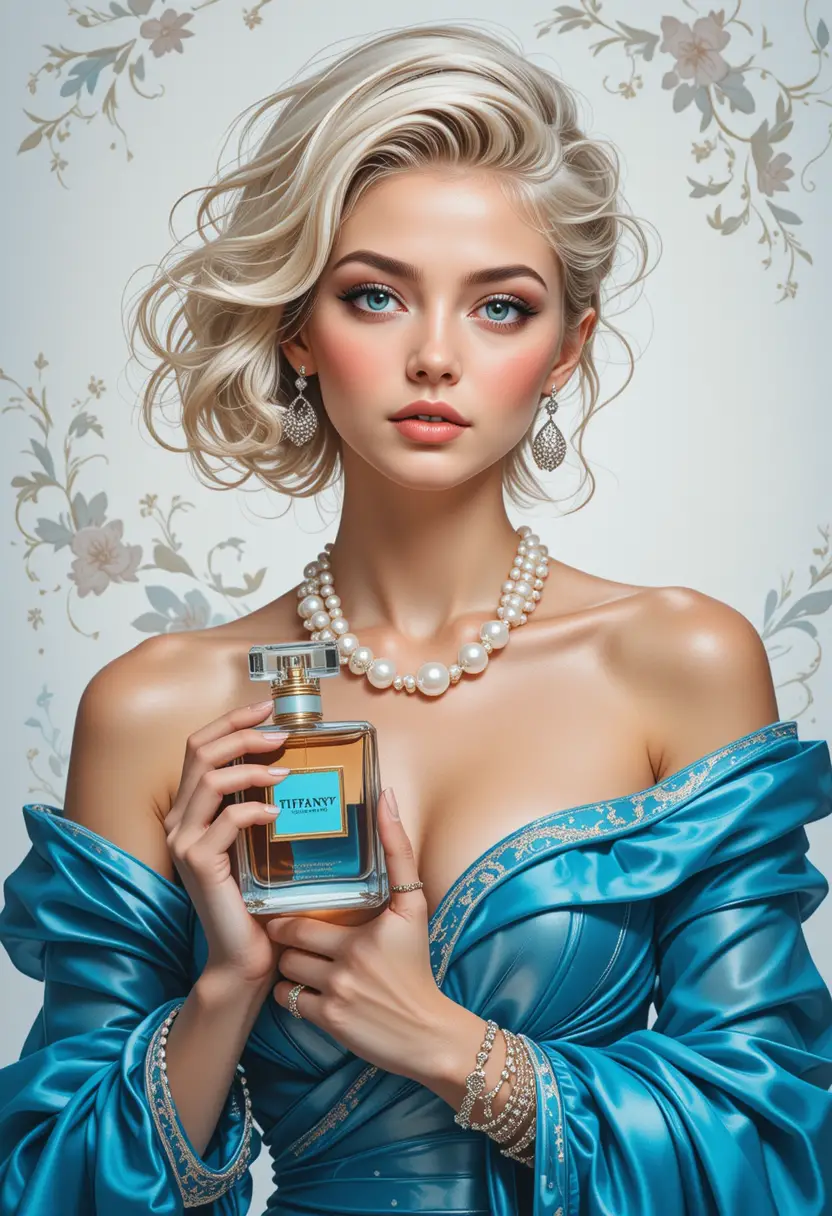 Elegant woman in blue holding Tiffany perfume bottle