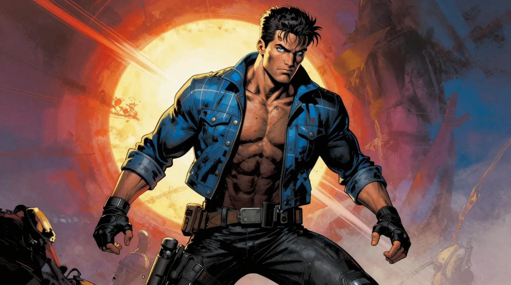 Sci fi hero in plaid jacket under alien sun