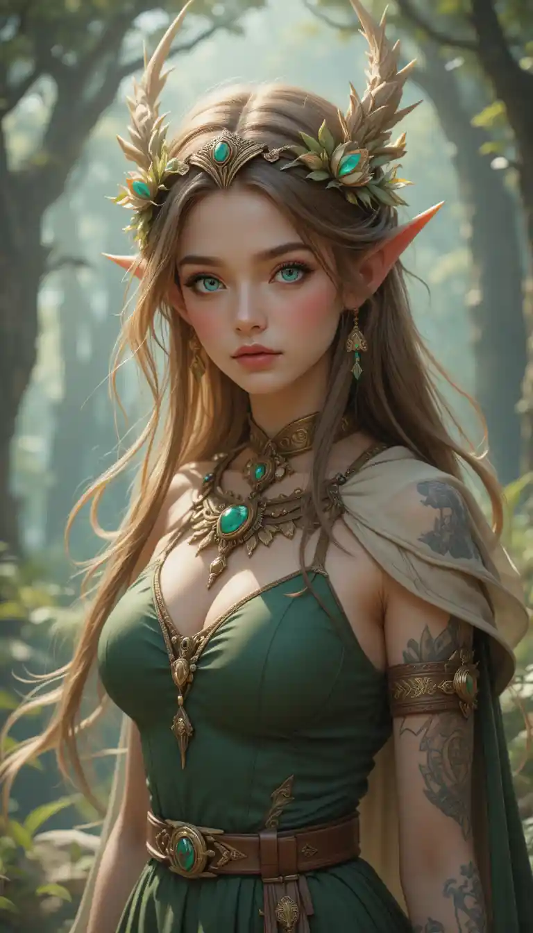 Fantasy horned woman with dragon tail in forest attire