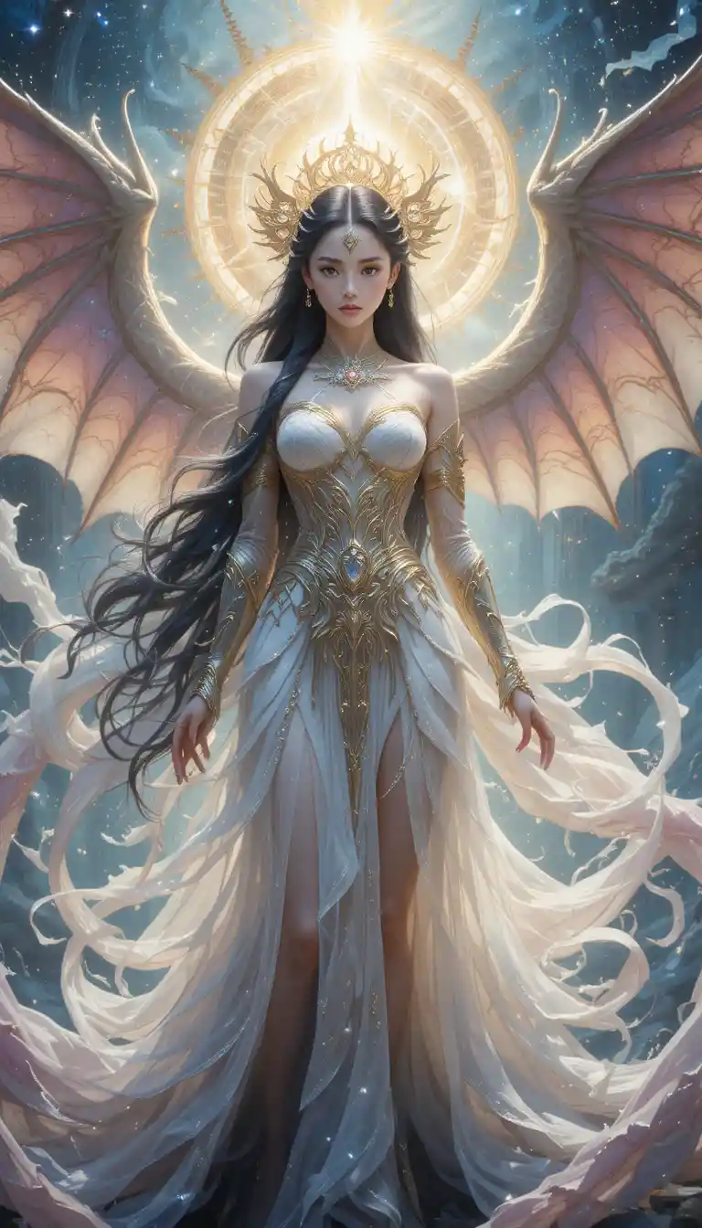 Mujer dragón de anime en un mundo de fantasía místico