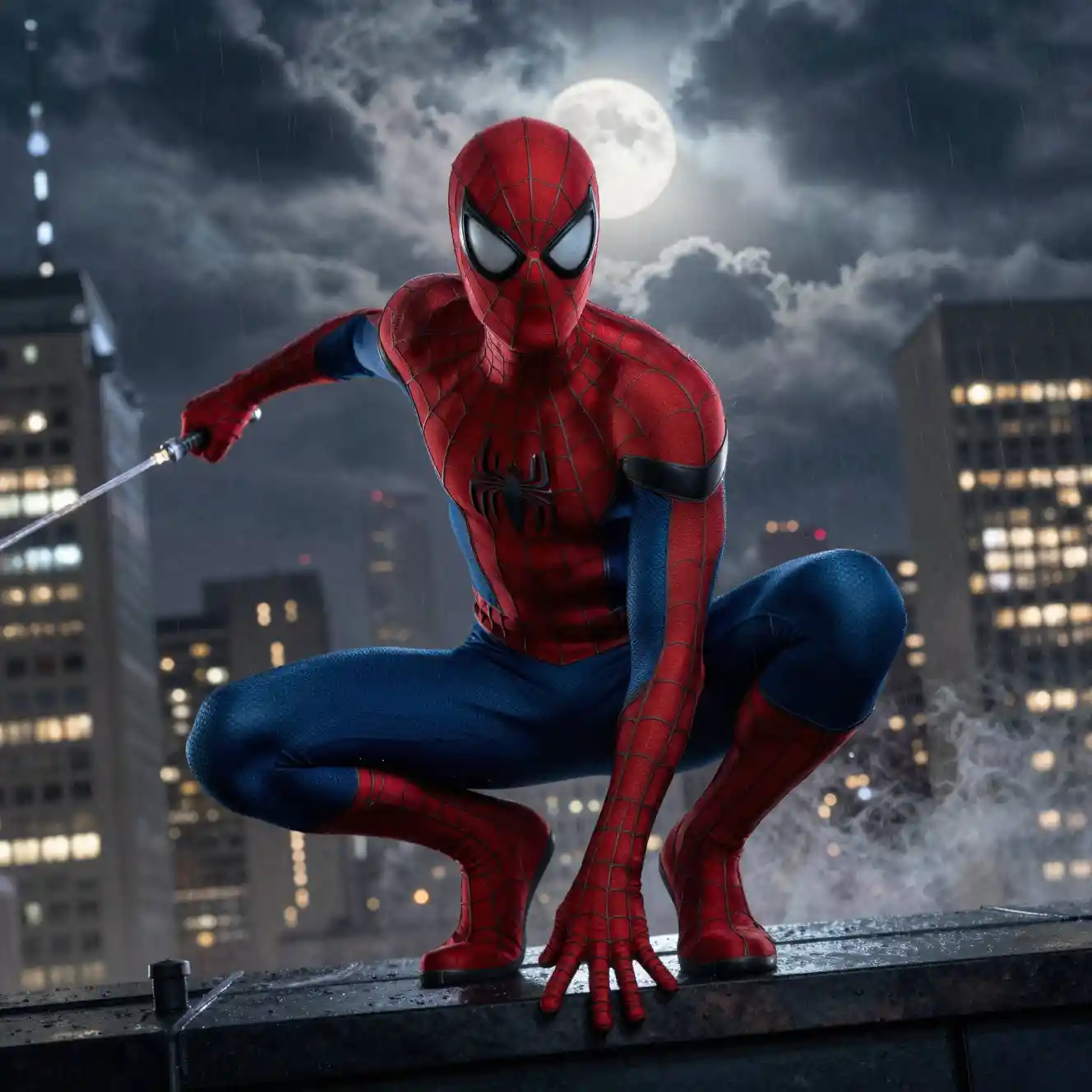Superhero crouching on skyscraper roof above glowing city