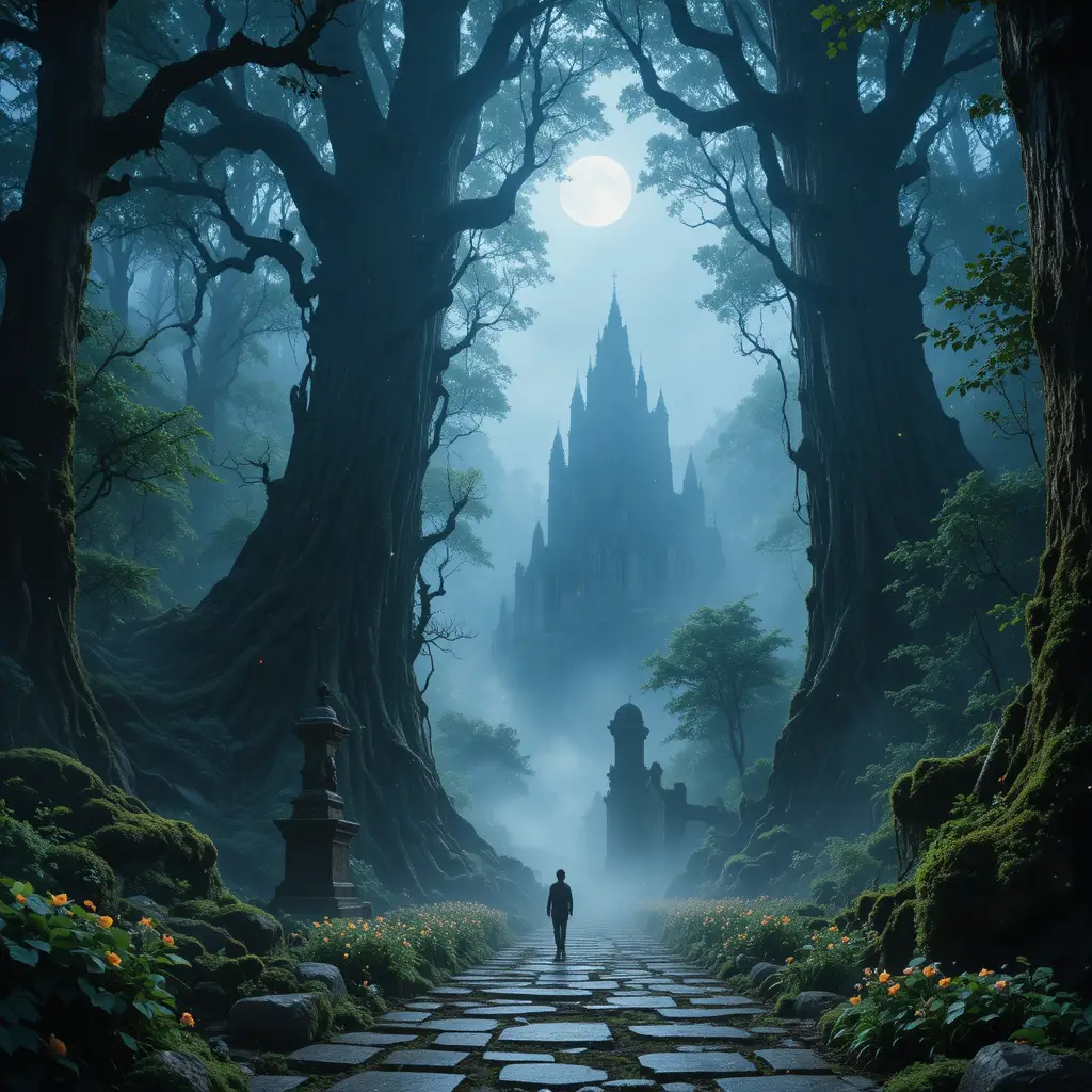 Lone traveler beneath colossal trees in moonlit forest
