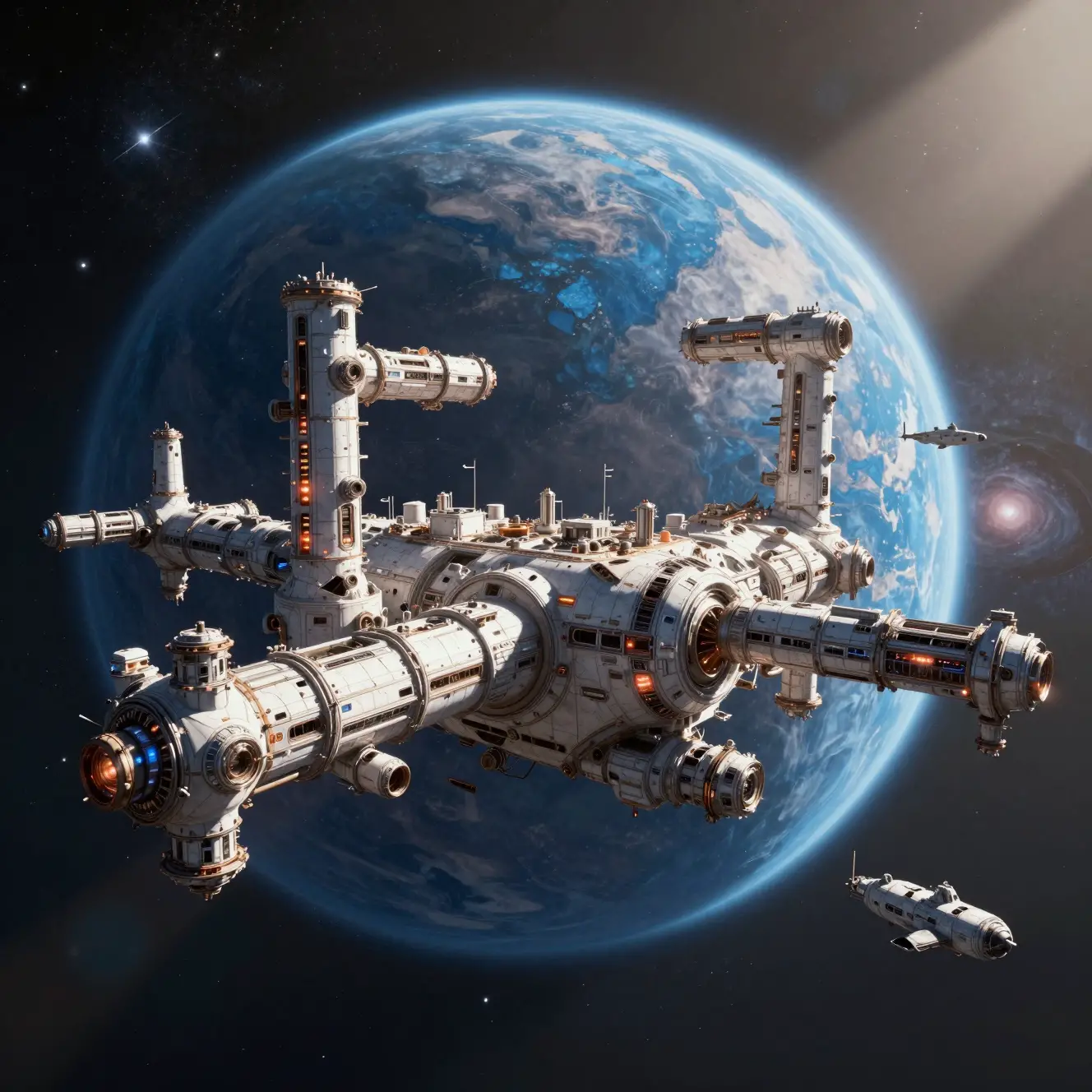Abandoned space station orbiting a distant blue planet