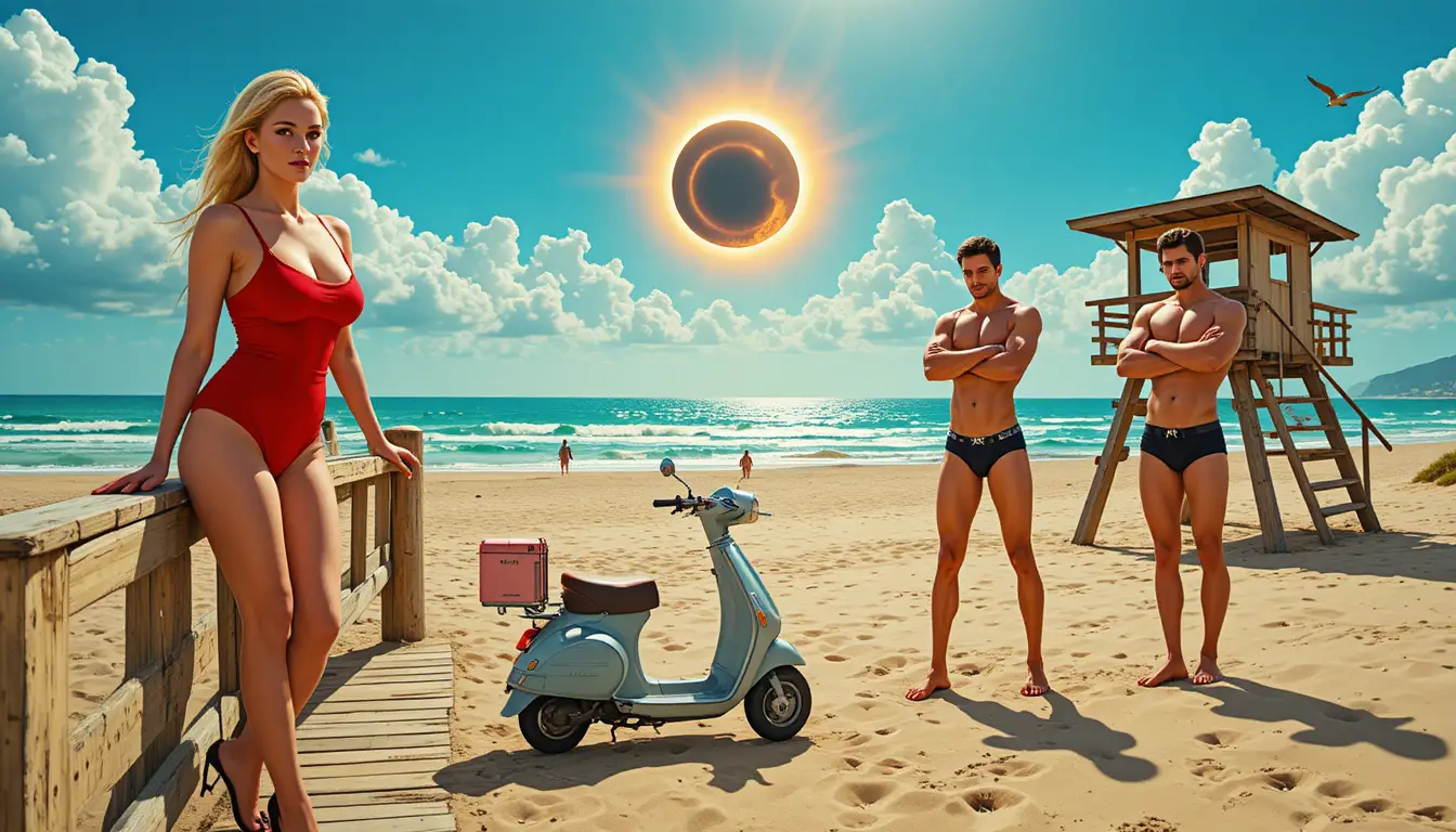 Blonde woman in red swimsuit leaning on beach boardwalk