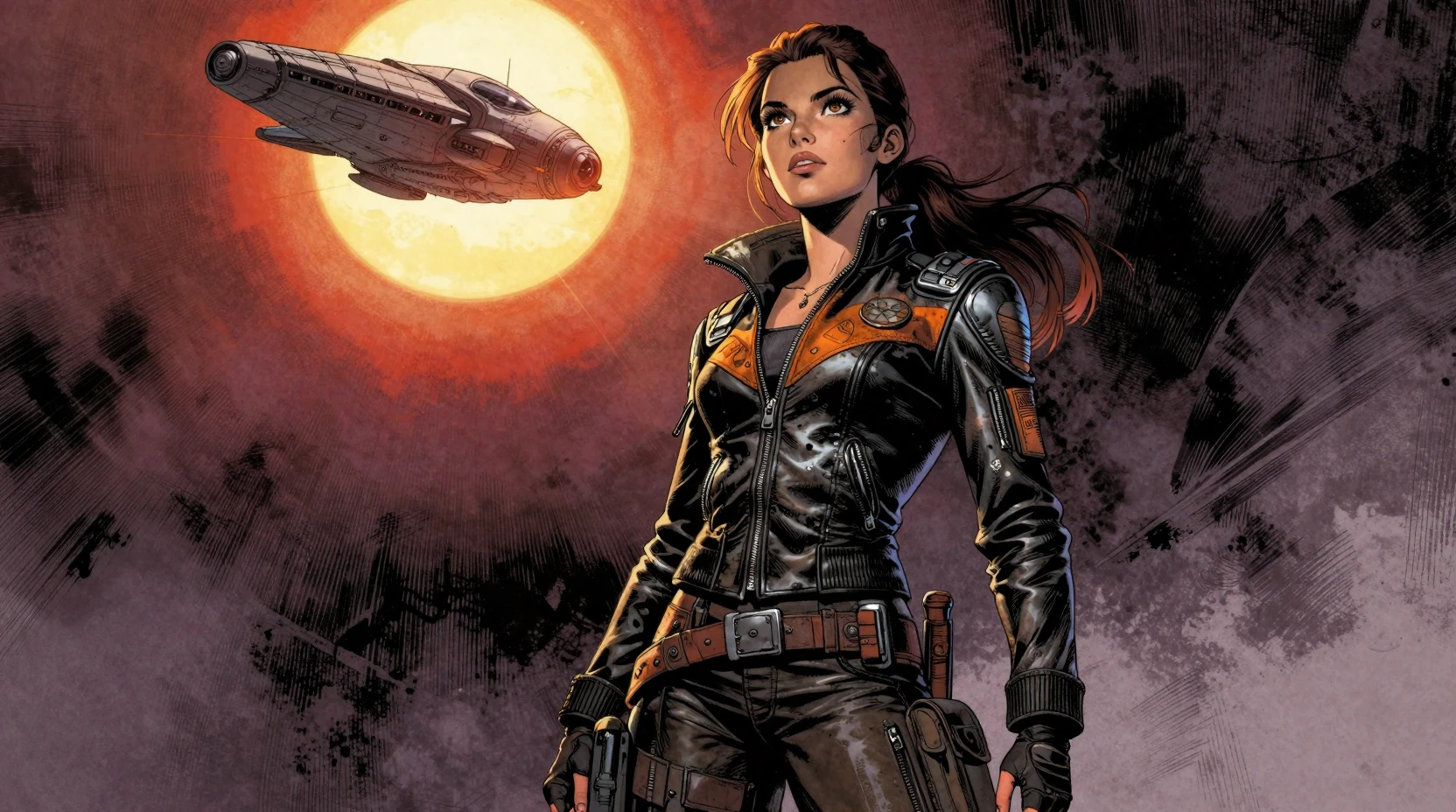 Roguish space heroine under a passing vintage starship