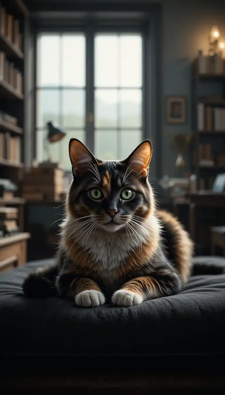 Tricolor cat lounging on velvet cushion in moody study room