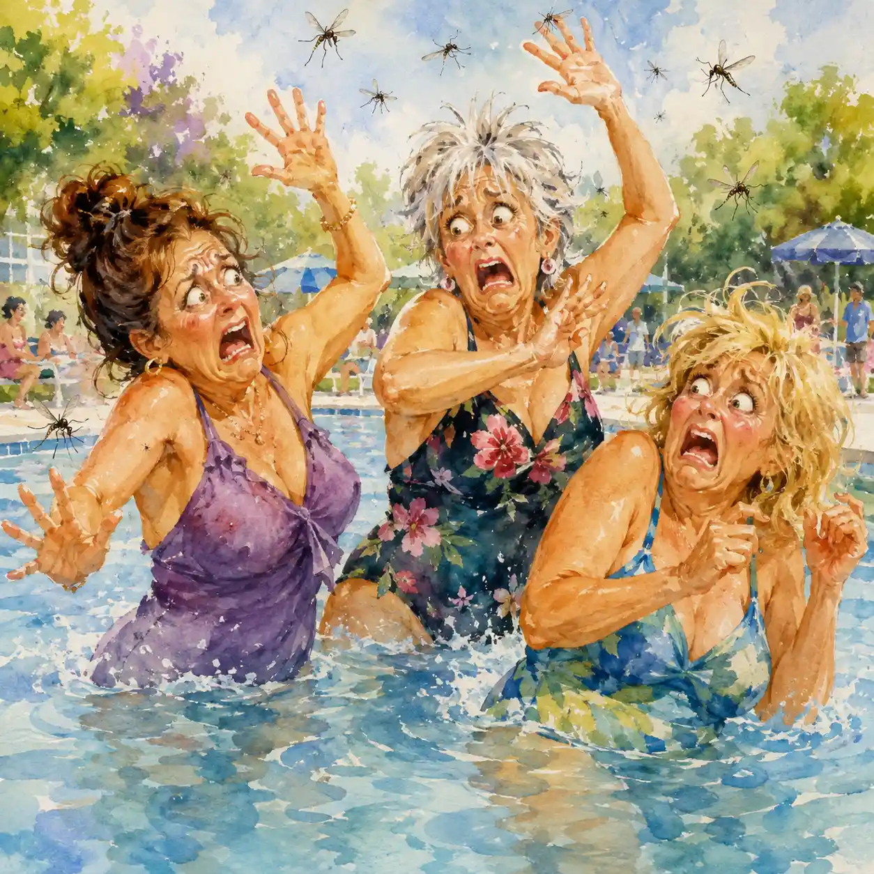 Older women flailing at mosquitoes in a sunny public pool