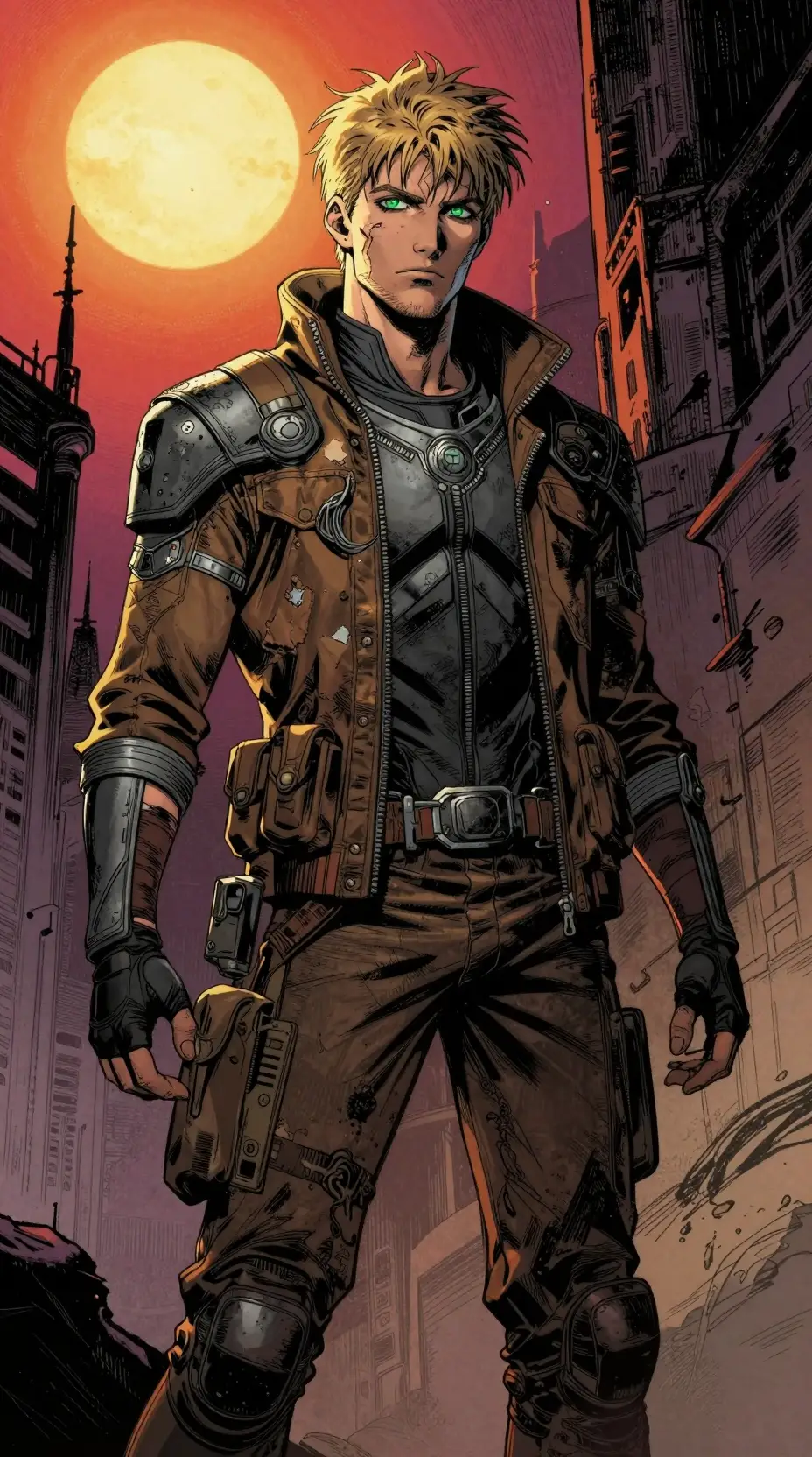 Rugged space rogue standing in a futuristic urban alley