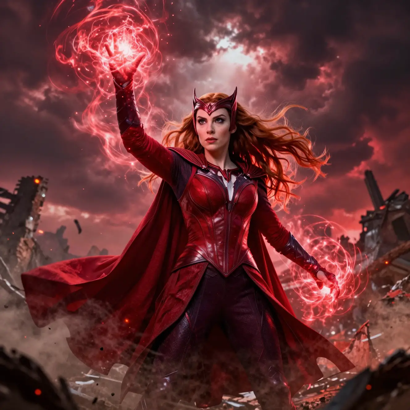 Scarlet sorceress unleashing red magic on ruined battlefield