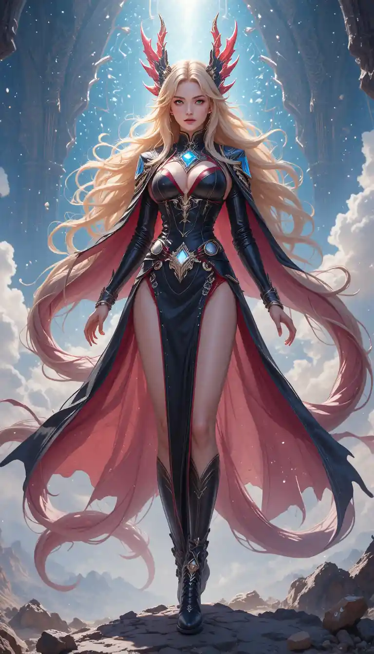 Elegant dragon woman warrior in black and red battle dress