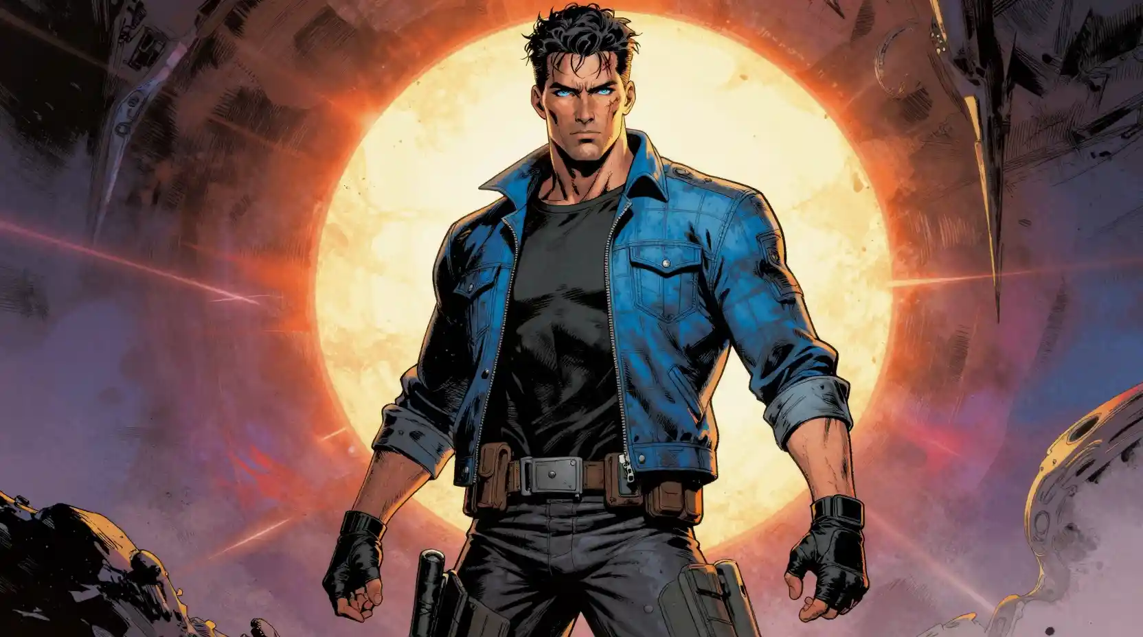 Sci fi hero on alien world in graphic novel style