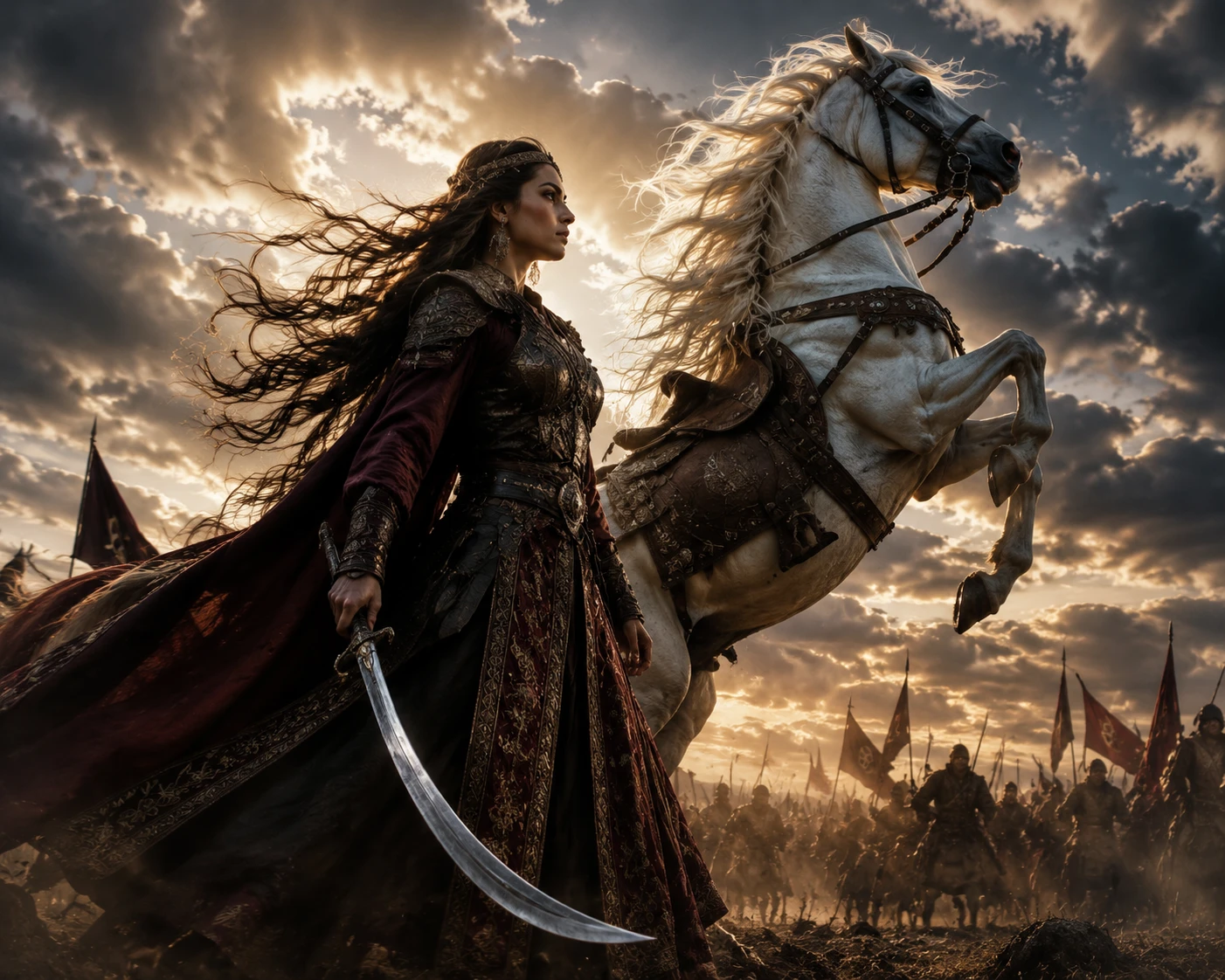 Fearless woman warrior advancing across a stormy battlefield