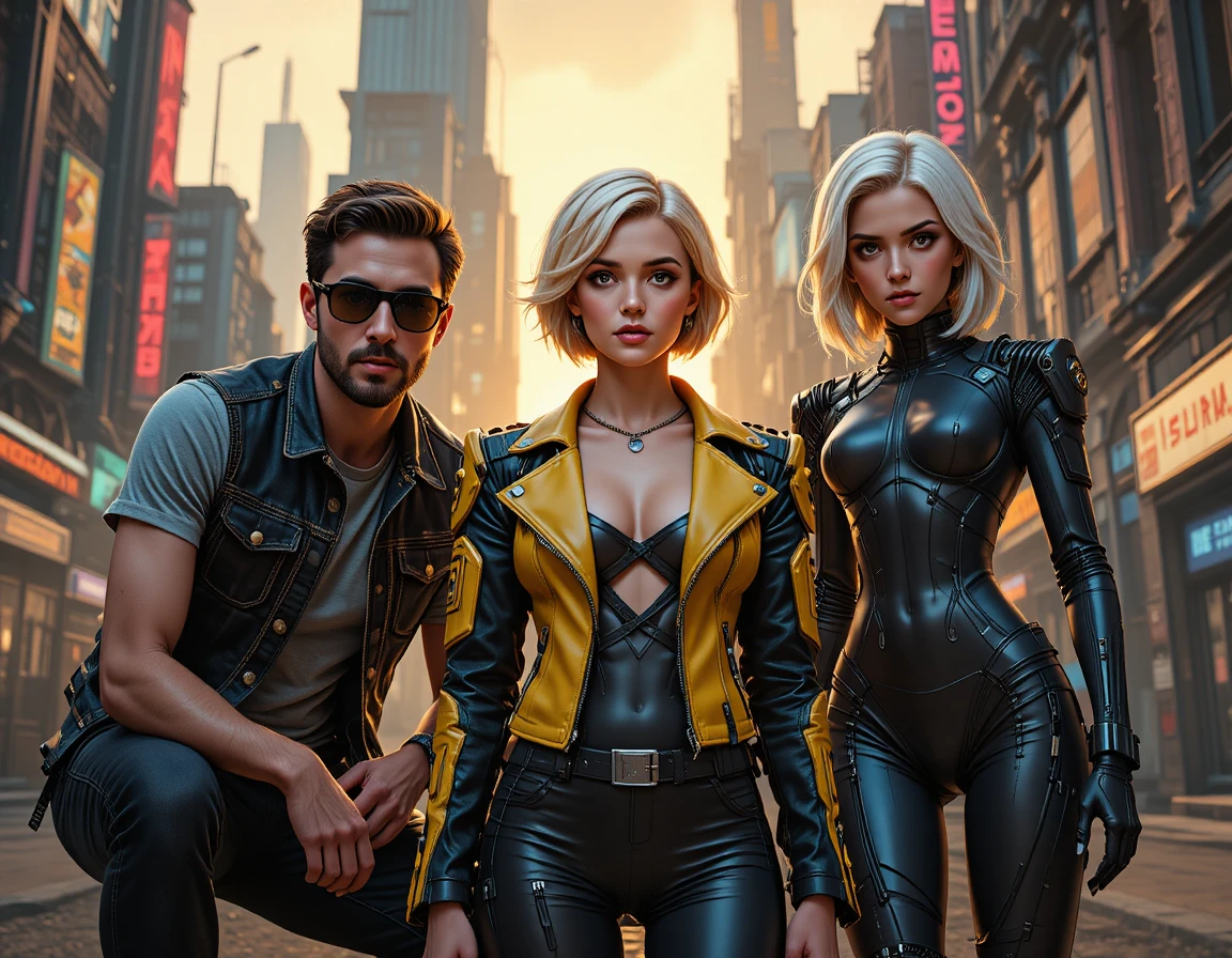 Trio In Futuristic City Street At Golden Sunset