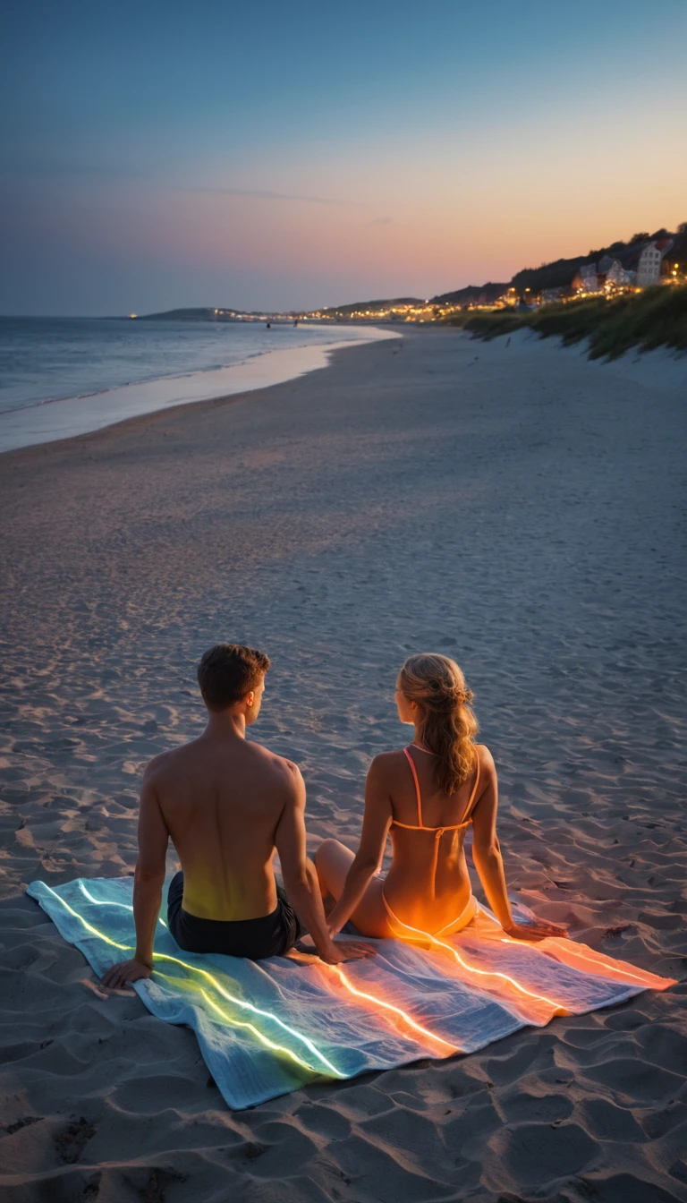 Young nude woman kneeling on a colorful beach towel