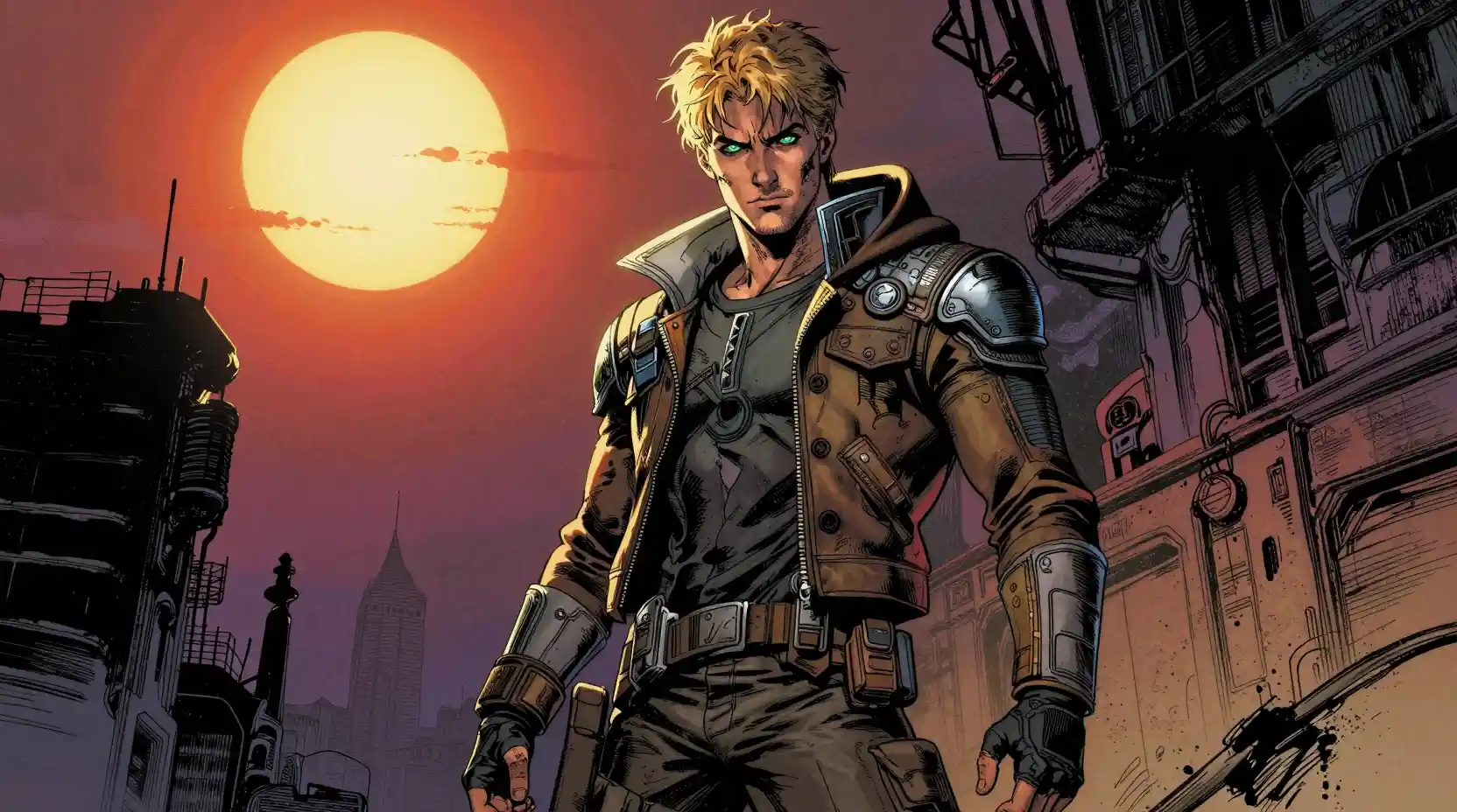 Wiry space rogue in hooded jacket on alien city street