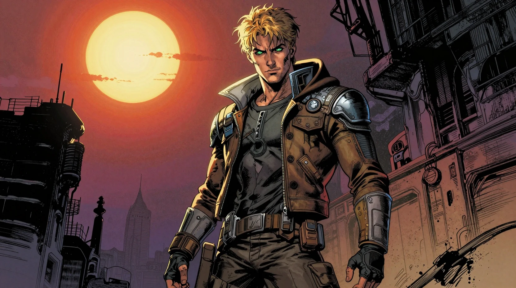 Wiry space rogue in hooded jacket on alien city street