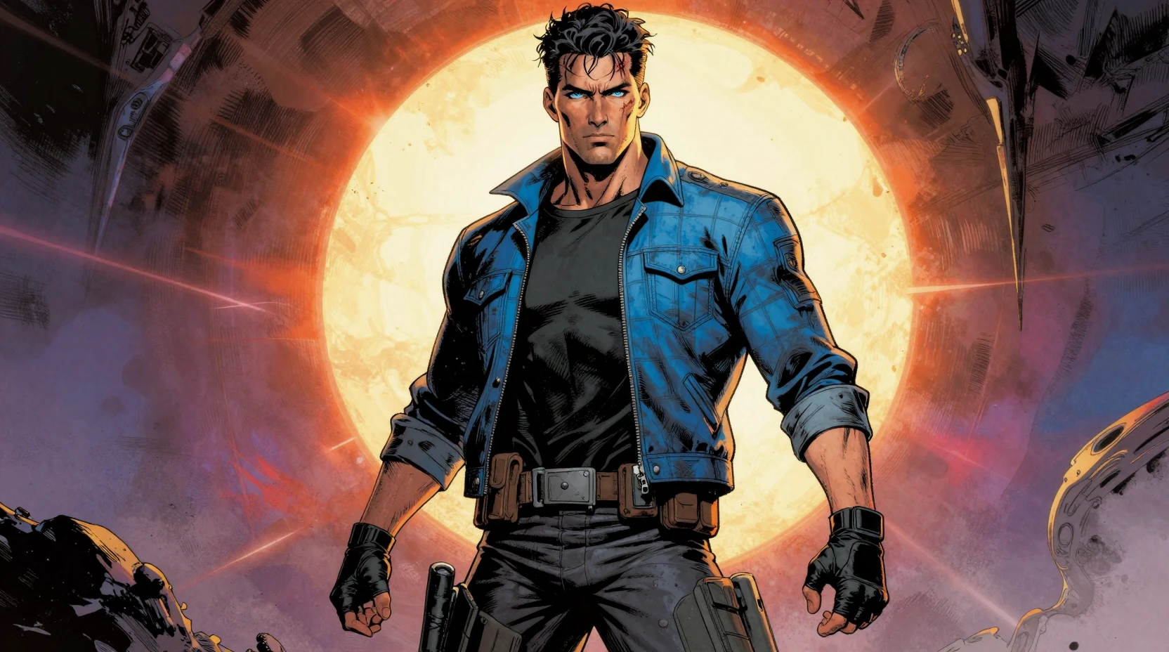 Sci fi hero on alien world in graphic novel style