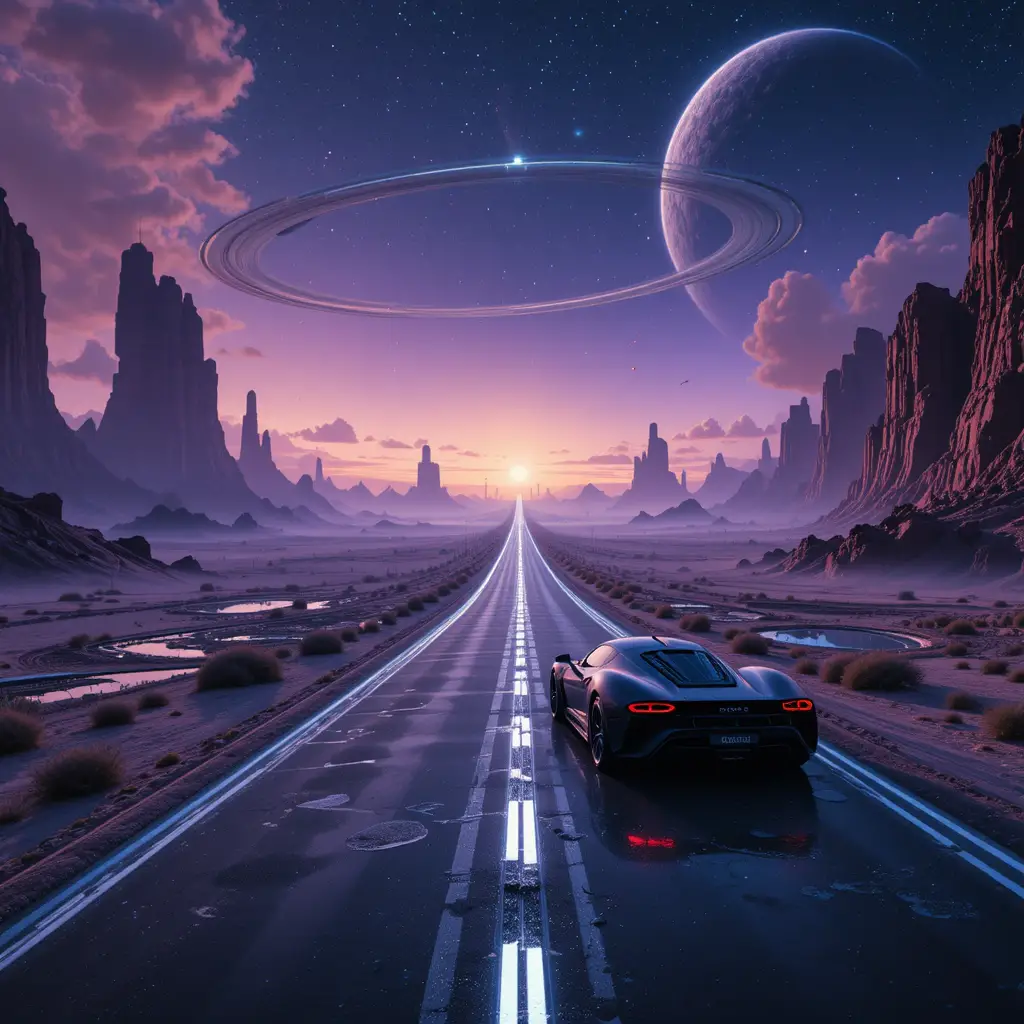 Futuristic Car On Alien Highway Under Vast Cosmic Sky