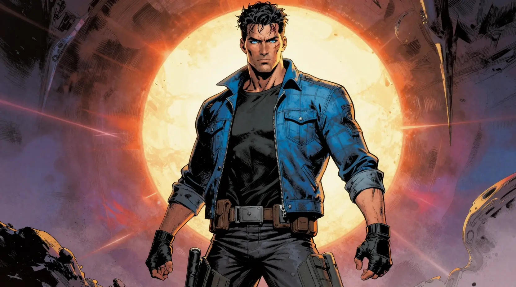 Sci fi hero on alien world in graphic novel style