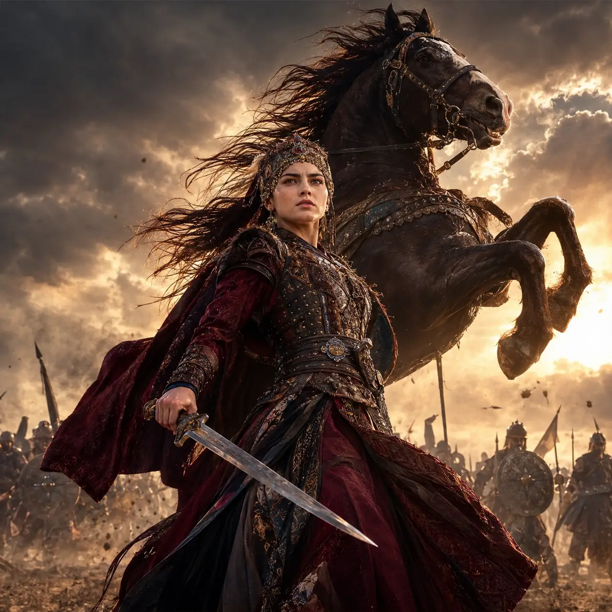 Ottoman warrior woman advancing with sword on stormy battlefield