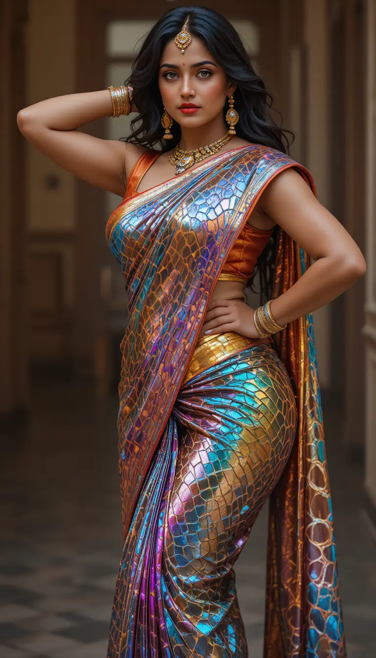Indian woman in reflective saree bending with graceful pose