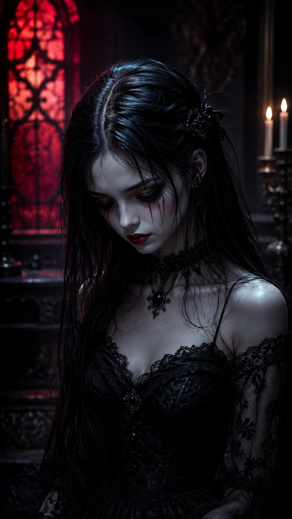 Melancholic gothic girl portrait in soft glowing darkness