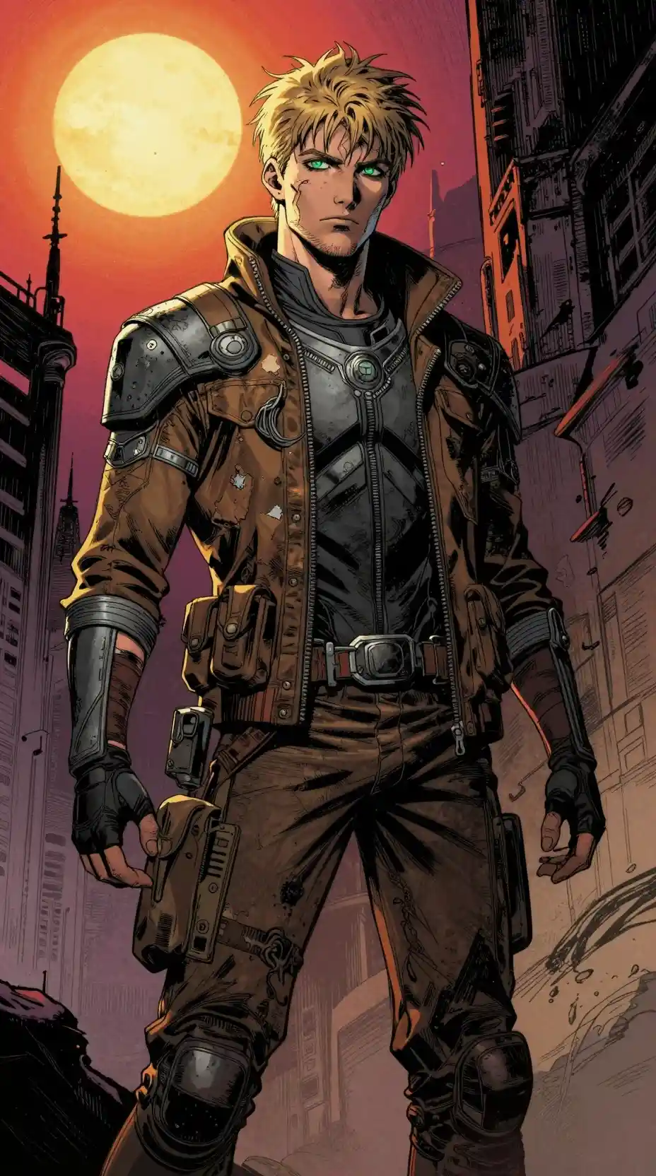 Rugged space rogue standing in a futuristic urban alley